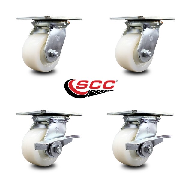 4 Inch Nylon Swivel Caster Set with Roller Bearings 2 Brakes